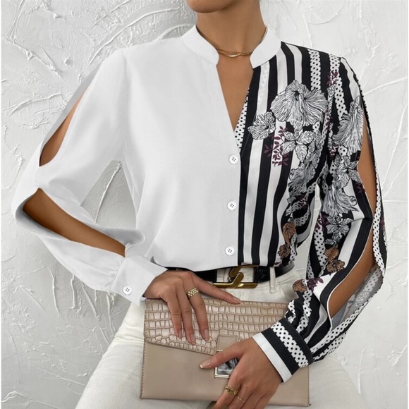 Elegant Striped Floral Print Long Sleeve Button Down Shirt Top Blouse White - Picture 6 of 16